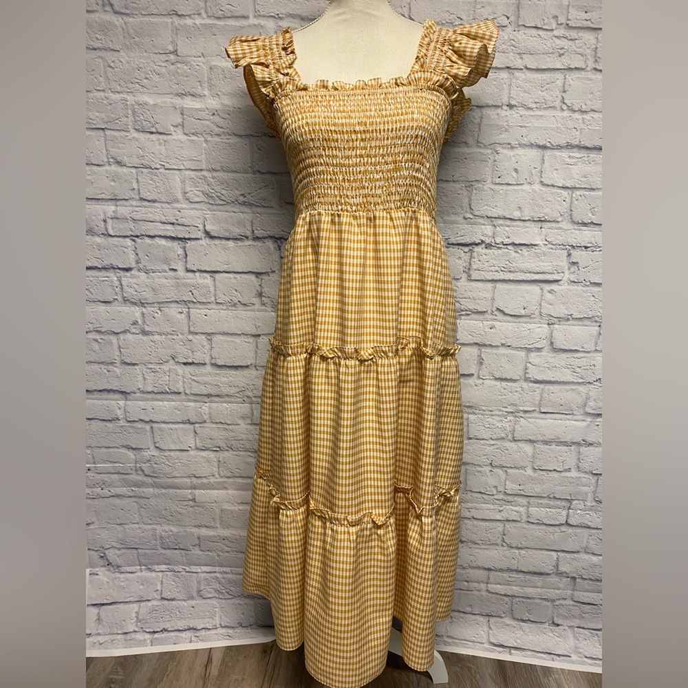 Sugar + Lips Katie Striped Smocked Bodice Gingham Midi Dress Sz L